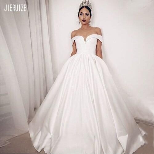 JIERUIZE Simple White Princess Wedding Dresses Off the Shoulder Lace Up Back New Summer Satin Bridal Dresses robe de mariee