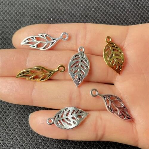 JunKang 15pcs antique silver bronze gold plated leaf style handmade pendants wholesale bulk DIY bracelets necklaces