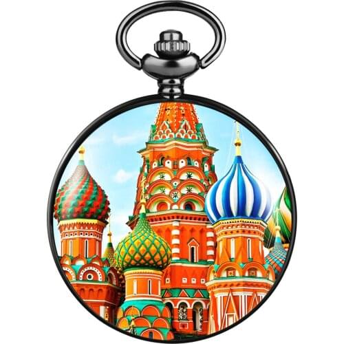 Architecture Pattern Pocket Watch Elegant Dial with Arabic Numerals Men Pocket Watches High-quality Alloy Rough Chain Pendant