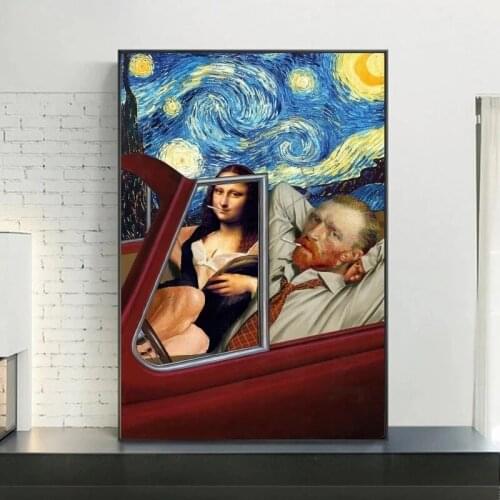 Funny Art Van Gogh and Mona Lisa Driving Canvas Painting Posters and Prints Cuadros Wall Art Pictures for Living Room Home Decor