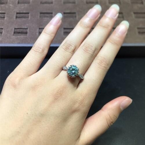 Silver 1 Carat Blue&Green Flower Cut Diamond Ring Rhodium Plated Solid Past Diamond Test Blossom Moissanite Ring Female Jewelry