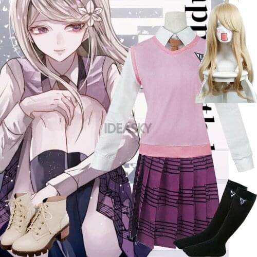 Danganronpa V3 Akamatsu Kaede Cosplay Costume Japanese Anime School Uniform Clothes Set Shirt Vest Skirt Tie Sock Wig headwear