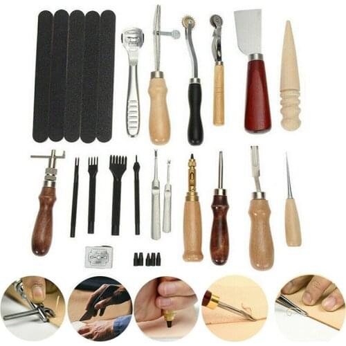 18pcs Professional Leather Craft Tools Kit Hand Sewing Stitching Punch Carving Work Saddle Leathercraft Accessories