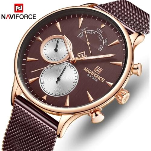 NAVIFORCE Men Watch Date and Week Display Mens Fashion Stainless Steel Sport Quartz Watch Luxury Business Waterproof Wristwatch