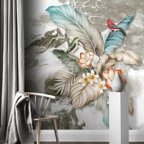 New Art Abstract Tropical Photo Mural 3D Hand-painted Plant Leaves Bird Painting Wallpaper For Exhibition Living Room Decoration