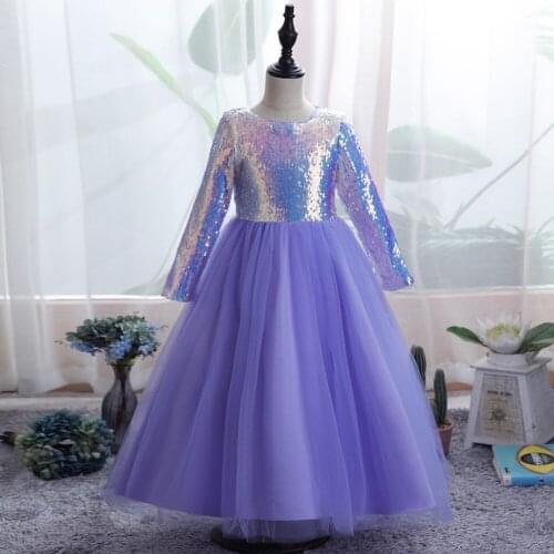Princess Girls Communion Birthday Party Dance Performance Color Sequin Dress Girls Wedding Bridesmaid party Long Sleeve Dress