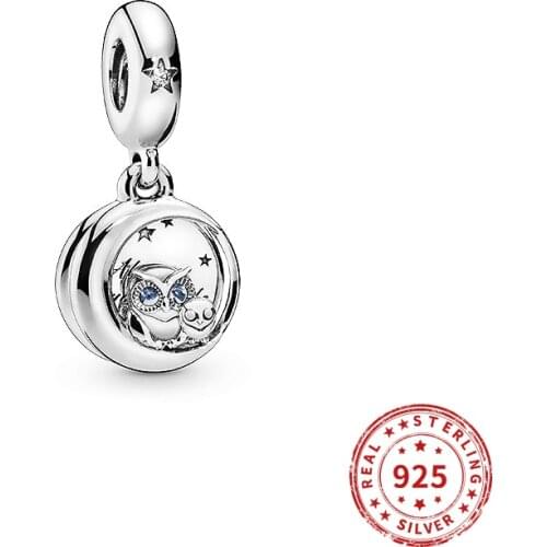 Real 925 Sterling Silver bead Always by Your Side Owl Hanging Charm Crystal Beads for Women Fit Pandora Bracelets DIy Jewelry