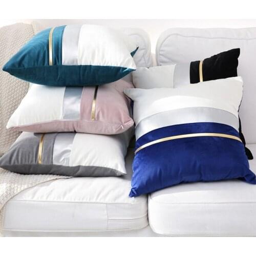Modern Color Block Patchwork Velvet Throw Pillow Case with Striped Faux Leather Luxury Decorative Cushion Cover
