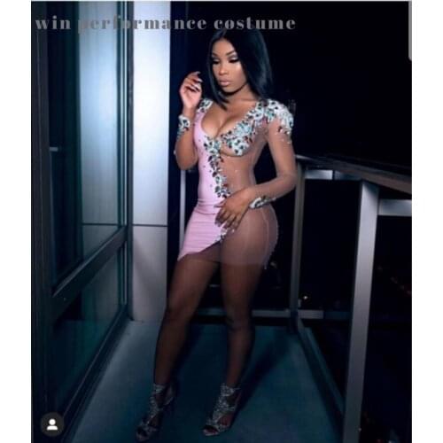 Pink Crystals Pearls Dress Sexy Nude See Through Nightclub Party Birthday Outfit Bling Rhinestones Singer Stage Costume Dance