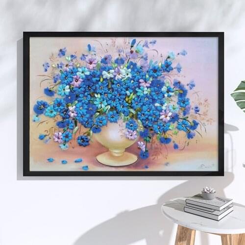 Needlework,DIY Ribbon Cross stitch Sets for Embroidery kit,Blue Bouquet Flower Picture Ribbon Cross-Stitch Wall Decor
