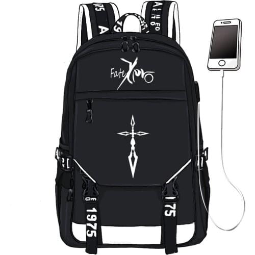 Fate Grand Order Saber FGO Printing Backpack Unisex Travel Backpack USB Interface Laptop Backpack Canvas School Book Bags