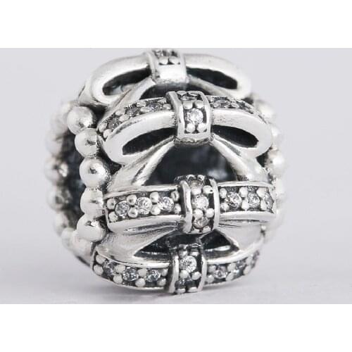 Winter New CZ Pave Openwork Bow knot Charm Beads 925 Sterling Silver Christmas Gift Charms Fits Pandora Charm Bracelets
