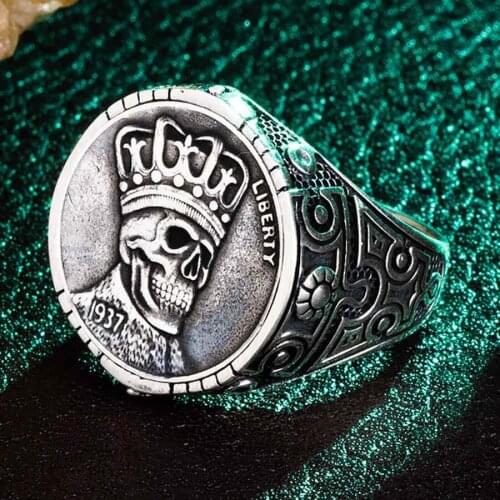 King Skull Grey Silver Ring Vintage Men Silver Ring Made In Turkey Solid 925 Sterling Silver