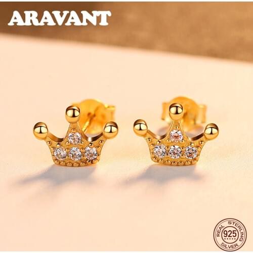High Quality 100% 925 Sterling Silver Lovely Princess Crown Clear CZ Stud Earrings For Women Fashion Jewelry Gifts