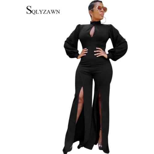 Women Sexy Turtleneck Hollow Out Split Wide Leg Jumpsuit Female Vintage Black White Palazzo Pants Romper Elegant Loose Overalls