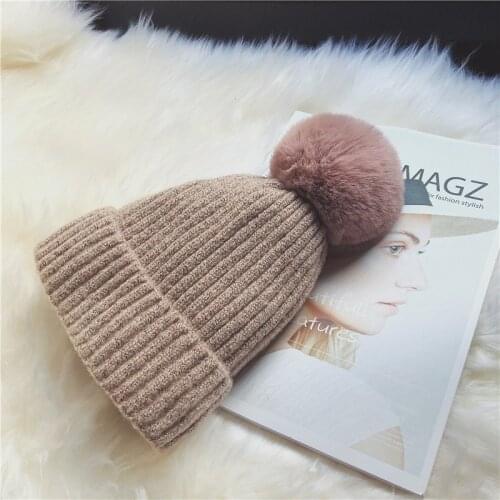 Winter Real Rabbit Fur Pom Pom Hat Women Ladies Wool Knitted Cap With Big Fluffy Fur Pompom Beanie Hat