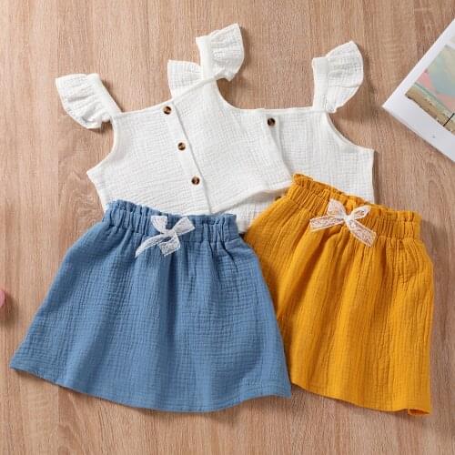 Girl’s Summer Two Piece Set 2021 New Fashion Solid Color Button Camisole and Bow A-line Short Skirt