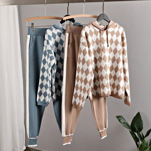Fashion Hooded Sweater Outfits Casual Tracksuit Women Fall Casual Diamond Jacquard Zipper Cardigan Coat Pocket Harem Pants Suits