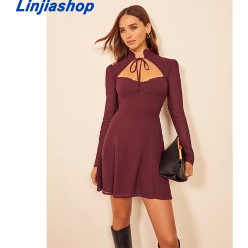 2021 Summer Women Chic Fashion With Bow collar Elastic sexy Mini Dress Vintage Puff Sleeve Female Red Dresses Vestidos