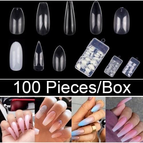 100Pcs/box Full Cover Coffin Round Oval Round Shape False Nail Half Cover Long Stiletto Fake Nails Tips Manicure 10 Sizes