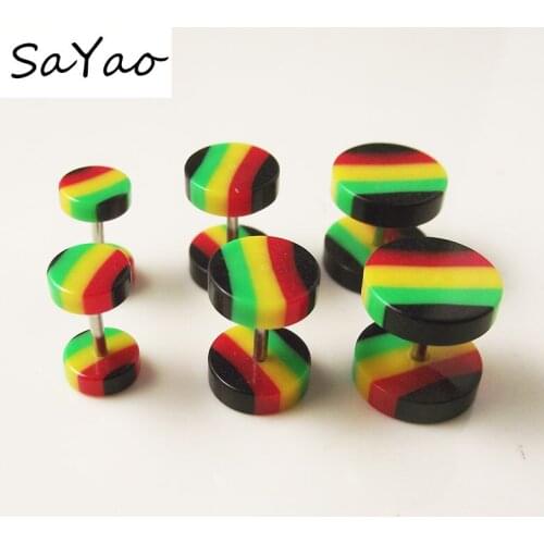 SaYao 2pcs Stainless Steel Rainbow Acrylic Fake Ear Plug Ear Nail Fake Ear Flesh Tunnel Body Jewelry