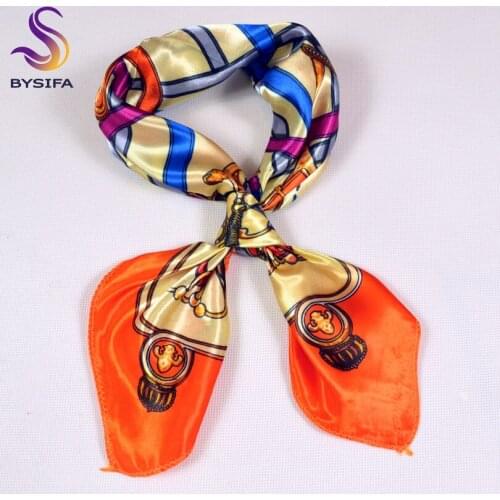 [BYSIFA] Orange Small Silk Scarf Hijab New Accessories Chain Design Brand Square Scarves Fashion Fall Winter Women Neck Scarves