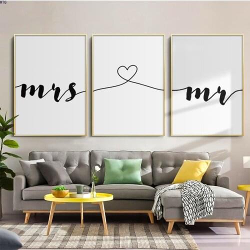 Black And White Love Phrase Mr & Mrs Canvas Painting Posters And Prints Living Room Bedroom Wall Art Pictures Home Decoration