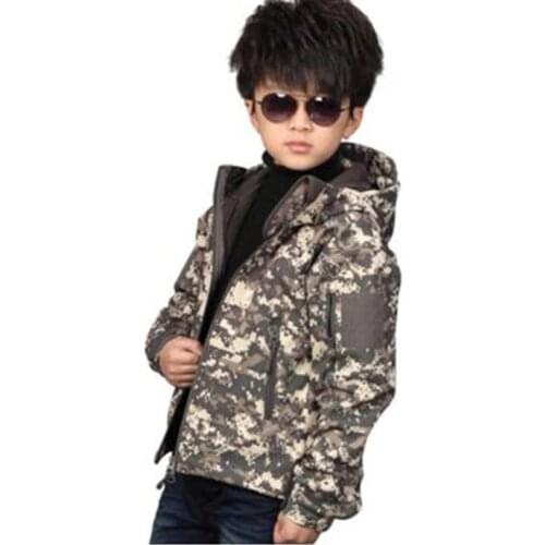 Outdoor Children Tactical Shark Skin Softshell Camouflage Hooded Coat Kids Sport Camping Waterproof Clothes Overcoat Jackets