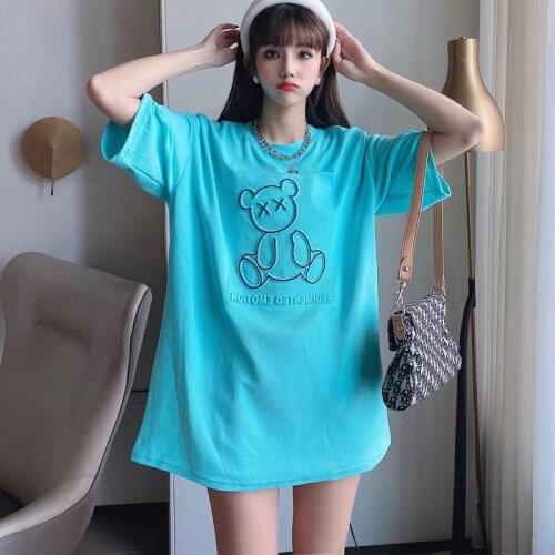 EasyGarment 2021 Spring Summer Long Plus Size Hip Hop Cotton Thin T-Shirt 3D Bear Logo Women Tee