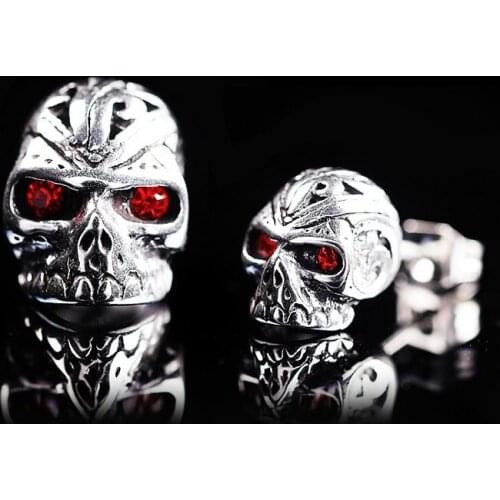 Personality Silver Plated Red Eye Crystal Skull Stud Earrings for Men Women Motorcycle Party Punk Earrings Biker Hip Hop Jewelry