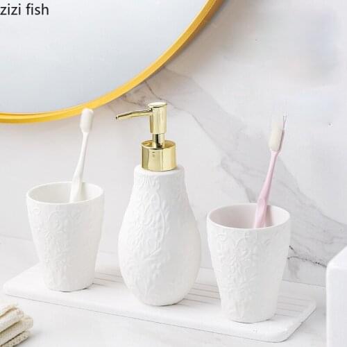 European Style White Ceramic Mouthwash Cup Lotion Bottle Toilet Wash Set Household Push Type Soap Dispenser Bathroom Decoration
