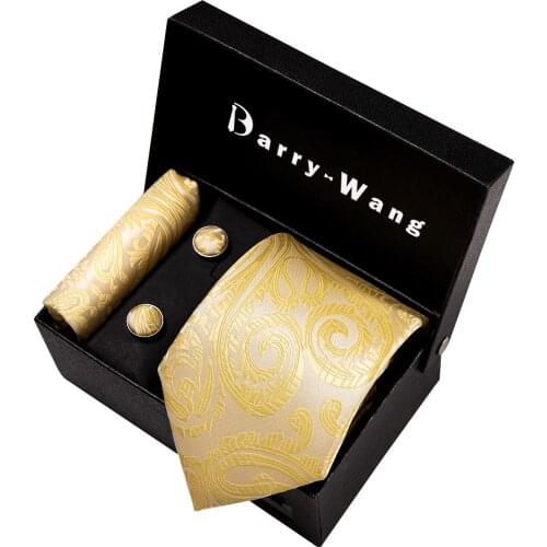 Fashion Yellow Silk Necktie Jacquard Woven Floral Ties For Men Tie Handkerchief cufflink set Barry.Wang Fashion Designer FN-5276