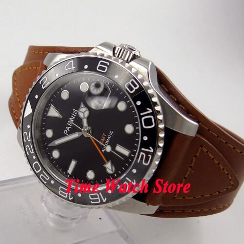 40mm parnis black dial GMT luminous ceramic bezel sapphire glass leather strap automatic movement mens watch 338A