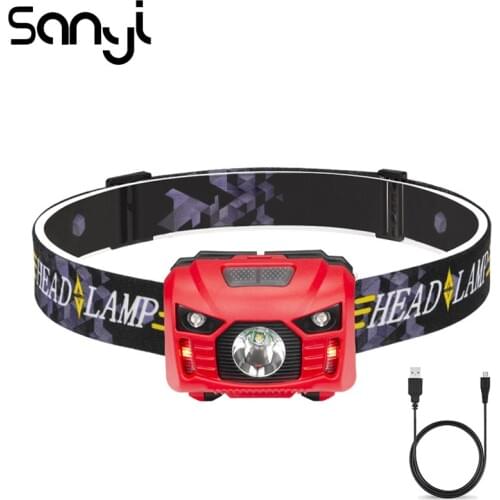 SANY Adjustable Headlight USB Rechargeable Built-in Battery Headlamp Super Bright Flashlight Forehead Sensor Button Lamp