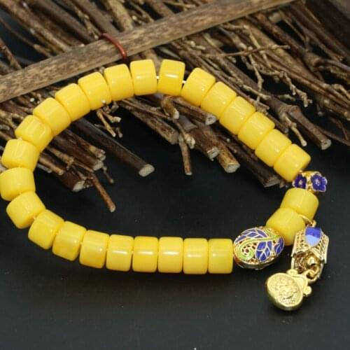 Original design yellow resin beeswax 6*8mm abacus beads elastic bracelets gold-color cloisonne spacer fine jewelry 7.5inch B2720