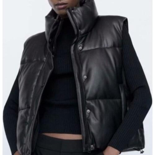 Autumn Winter Black Jacket Sleeveless Mandarin Collar Pocket Elastic Band Trim Adjustable Waistcoat Women Cardigan PU Coats Y2K