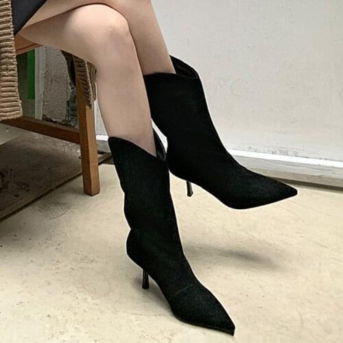 Sexy Women Mid-Calf Boots Fashion Short Boots Shoes Thin Low Heel Pointed Toe Ladies Suede Slip On Chelsea Boots Brand 2021 New