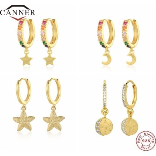 CANNER 100% Silver 925 Hoop Earrings for Women Pendientes Star Cubic Zirconia Round Circle Huggie Piercing Earring Jewelry Gift