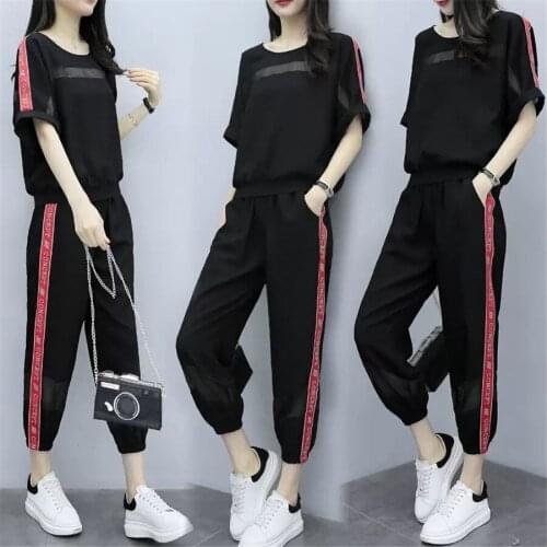 Black Two Piece Set Tracksuits for Women Outfit Sportswear 2020 Summer Co-ord Set Top and Pants Suits Plus Size Clothing