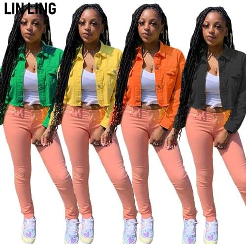 LINLING Spring Versatile Solid Color Pocket Full Sleeve Short Denim Jacket with One Row Button Cropped Jacket