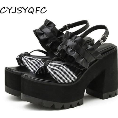 CYJSYQFC 2021 Women Sweet Knot Ruffles Gothic Style Block Heel Platform Sandals Summer Peep Toe Buckle Thick Bottom Ladies Shoes