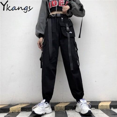 With Belt Plus Size Cargo Pants For Women Streetwear Big Pockets Elastic High Waist Harem Pant Female Baggy Pants Jogger Trouser