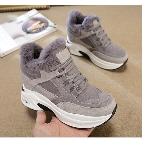 Woman 2021 Winter Sneakers Warm Fur Wedge Platform Sneakers Korean Plush Casual Shoes Woman High Heels Black Ladies Sneakers