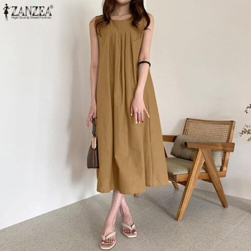Womens Pleated Sundress 2021 ZANZEA Fashion Summer Dress Casual Sleeveless Midi Vestidos Female Holiday Robe Femme