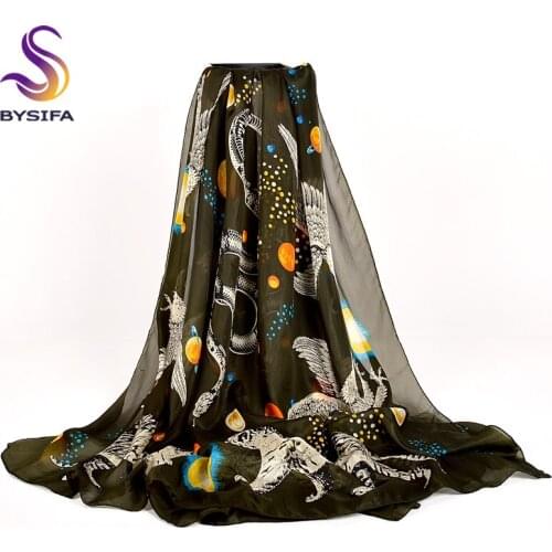 Army Green Women Silk Scarf Shawl New Animal Design Pure Silk Winter Long Scarves Foulard Summer Beach Cover-ups Cape 180*110cm