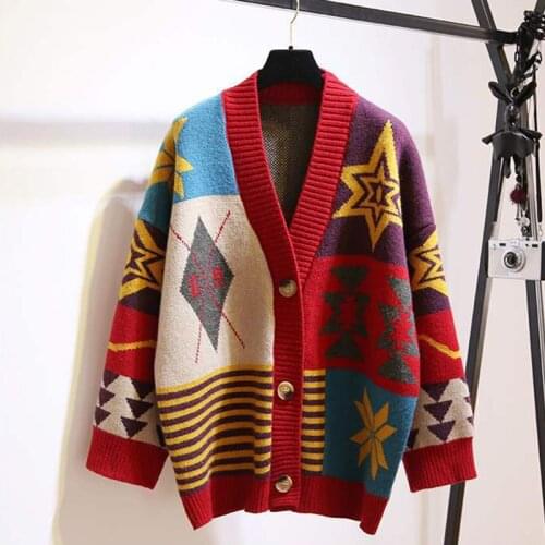 Women Loose Knitted Cardigan Sweater Street Style Geometric Spliced College Style Fashion 2021 New Spring Autumn All-Match