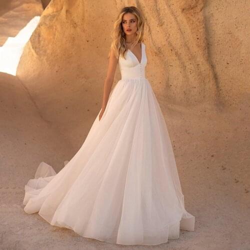 Fanweimei Elegant Satin Deep V-Neck Tulle A-Line Wedding Dress 2021 Sleeveless Court Train Backless Bridal Gowns with Buttons