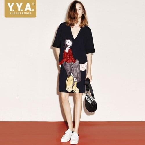 Fashion Casual Streetwear Women Embroidery Sequined Dress Summer Short Sleeve V Neck Loose Dresses Girls Harajuku T-shirt Dress