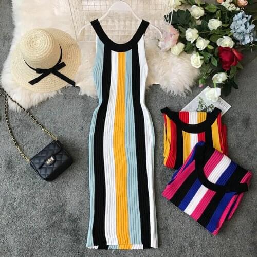 Womens spring summer knitted sleeveless striped dress girls elastic casual sexy pencil dress TB1196