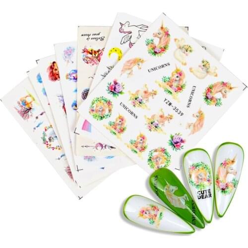 1 PC Flower Nail Stickers Unicorn Rainbow Water Transfer Tips Nail Art Sticker Decals